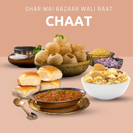 A spread of street-style chaat — the six-dish home chaat party menu