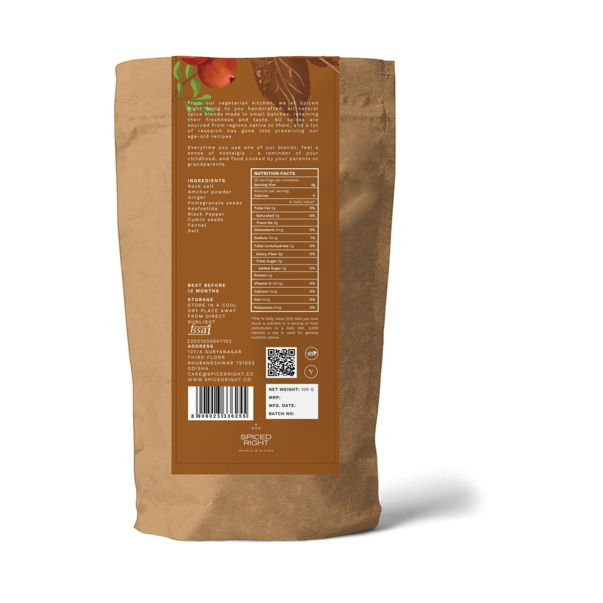 Spiced Right Chaat Masala pouch, back: ingredients rock salt, amchur powder, ginger, pomegranate seeds, asafoetida, black pepper, cumin seeds, fennel, salt