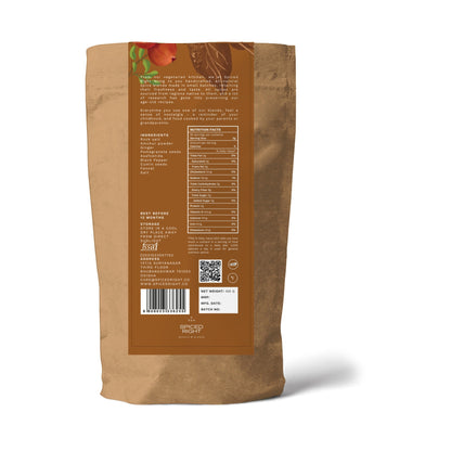 Spiced Right Chaat Masala pouch, back: ingredients rock salt, amchur powder, ginger, pomegranate seeds, asafoetida, black pepper, cumin seeds, fennel, salt