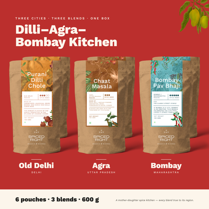 Dilli–Agra–Bombay Kitchen: Purani Dilli Chole, Chaat Masala and Bombay Pav Bhaji masala pouches, 6 pouches, 600 g