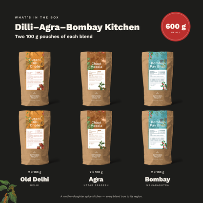 What's in the box: 2 × 100 g each of Purani Dilli Chole Masala, Chaat Masala and Bombay Pav Bhaji Masala, 600 g in all